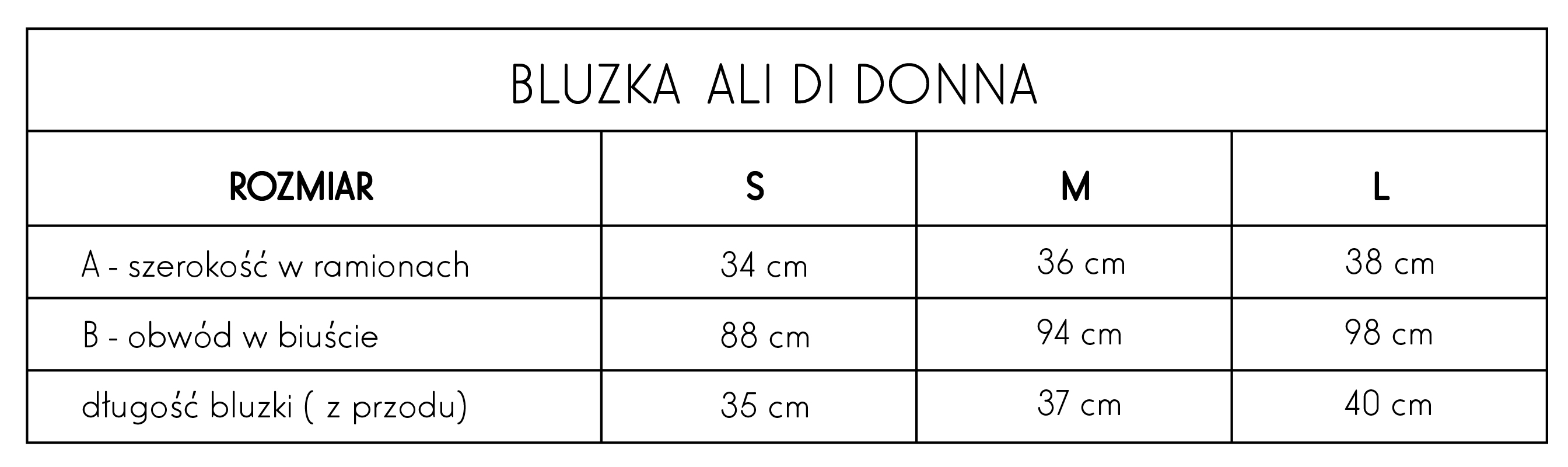 Bluzka Ali di DONNA tabela rozmiarów
