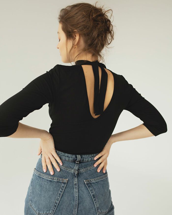 BLACK ESPRESSO BLOUSE WITH HALF TURTLENECK AND BACK CUT-OUT