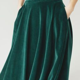 Zielona spódnica welurowa midi, aksamitna z weluru rozkloszowana